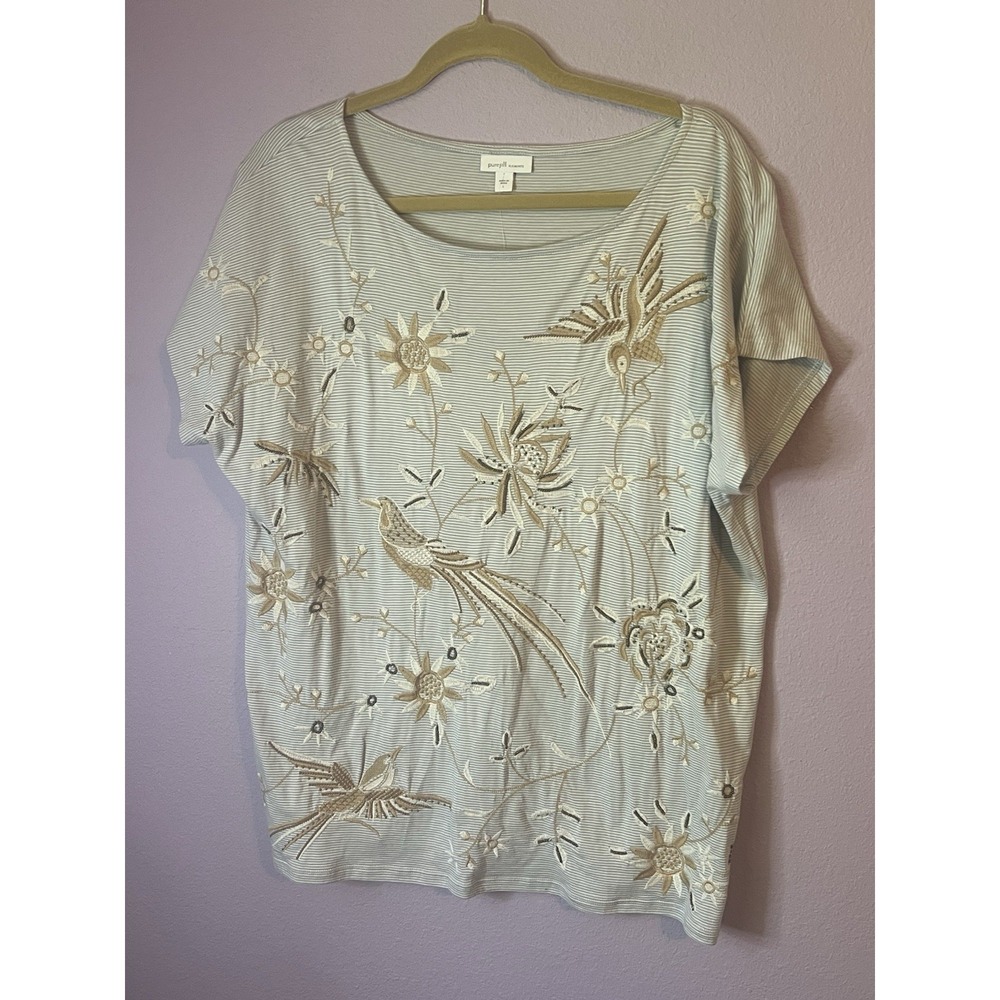 Pure J. Jill Elements Floral Embroidered Birds Grey Gray Striped Shirt Large